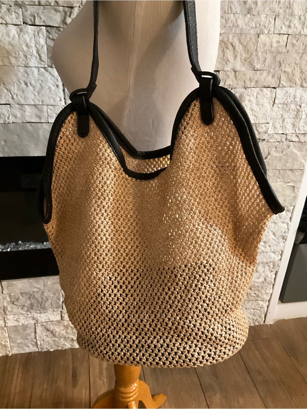 Commense Natural Straw Hobo Tote with Black Trim - Picture 2 of 5